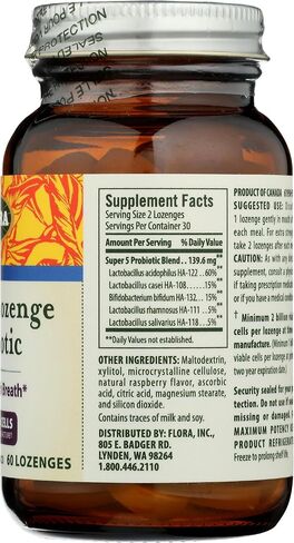 Flora - Super 5 Lozenge Probiotic, Raspberry Flavored Oral Probiotic, Good for Bad Breath, Five Strains with 2 Billion CFU, Regain and Retain Gut Health, RAW, 60 Lozenges in Kuwait