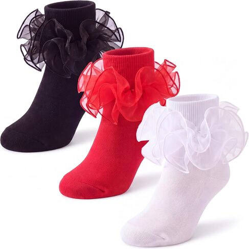 Dicry Baby Girls Double Lace Turn Cuff Socks with Big Ruffle for Infant Toddlers and Kids in Kuwait
