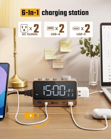 ساعة منبه رقمية مع 3 شاحن USB، محطة شحن مكتب سوبرداني 2 منافذ تيار متردد، سلك 6.5 قدم، واقي من زيادة التيار الكهربائي 1700J، شاشة LCD، إعداد تنبيه سهل لغرفة النوم وغرفة النوم في الفندق، أسود in Kuwait