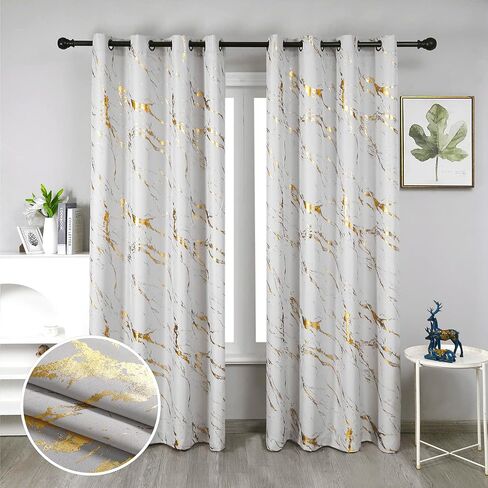 Taisier Home Gold Foil Print Linen Textured Curtains - Geometric Marble Pattern Design for Living Room - Light Filtering Window Treatment, 2 Panels, 72" L, White and Gold in Kuwait