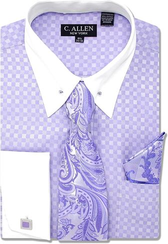 Men's Checkerd Pattern Regular Fit French Cuffs Long Sleeve Dress Shirts with Tie Hanky Cufflinks Collar Bar Combo in Kuwait