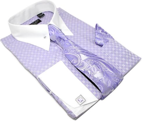 Men's Checkerd Pattern Regular Fit French Cuffs Long Sleeve Dress Shirts with Tie Hanky Cufflinks Collar Bar Combo in Kuwait
