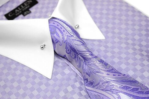 Men's Checkerd Pattern Regular Fit French Cuffs Long Sleeve Dress Shirts with Tie Hanky Cufflinks Collar Bar Combo in Kuwait