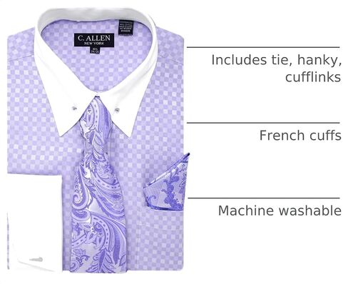 Men's Checkerd Pattern Regular Fit French Cuffs Long Sleeve Dress Shirts with Tie Hanky Cufflinks Collar Bar Combo in Kuwait
