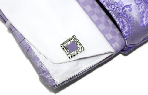 Men's Checkerd Pattern Regular Fit French Cuffs Long Sleeve Dress Shirts with Tie Hanky Cufflinks Collar Bar Combo in Kuwait