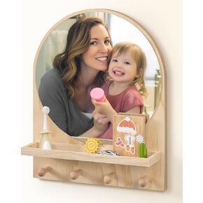 Maxpeuvon Kids Bathroom Mirror with Shelf, Entryway Home Organizer Arched Wood Boho Storage Mirrors for Wall Decor, Vanity, Bedroom - 14"×18" in Kuwait