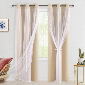 Hiasan Blackout Curtains with Sheer Overlay, Thermal Insulated Mix & Match Double Layer Room Darkening Window Curtains for Bedroom,Living Room,Nursery 2 Panels with Tiebacks(52W X 108L,Blush Pink) in Kuwait