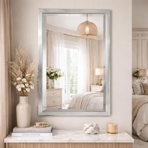 Head West Chrome Stainless Steel Beveled Metal Framed Wall Mount Vanity Mirror, Decorative Mirrors for Wall Decor, Rectangle Bathroom Mirrors for Over Sink, Bedroom, Living Room Hallway Entryway 24x30 in Kuwait