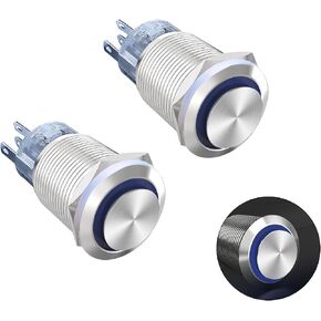 Latching Push Button Switch 36V Waterproof Stainless Steel Metal 3/4" Mounting Hole Blue LED SPST Switch for Electrical Equipment, 2 Pcs, High Round in Kuwait
