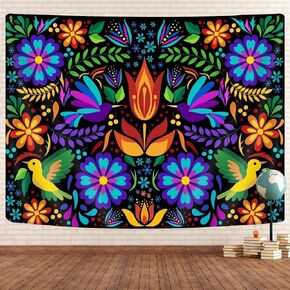 GOAOK Mexican Tapestry, Cute Bright Colorful Ethnic Floral Birds Butterfly Pattern Boho Tapestry, Mexican Embroidery Style Trippy Hippie Aesthetic Tapestry for Bedroom Living Room Dorm 60"x40", Black in Kuwait