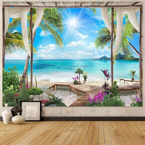 Leeisysme Beach Landscape Tapestry, Tropic Ocean Sea Island Palm Tree Seaside Tapestries for Living Room Summer Window Wall Hanging Yellow Wave 36×48 Inch in Kuwait
