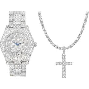 Charles Raymond Luxury Mens Iced Out Tennis Cross Necklace w/Diamond Quartz Wristwatch - Be Lit & Choose The Matching Blinged Out Cuban ZZ Bracelet Set - ST10327TCR Sets in Kuwait