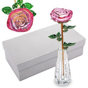 HDCRYSTALGIFTS كريستال روز زهرة زجاج وردي وزهرة حمراء وردية مع أوراق خضراء لذكرى الزفاف/الزوجة، هدايا رومانسية إلى الأبد لعيد الحب/عيد الميلاد/الزفاف (عبوة من 2) in Kuwait