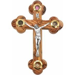 7Inch Olive Wood Wall Crucifix – Wall Hanging Cross Hand Carved in The Holy Land – 4 Glass Filled with relics in Kuwait