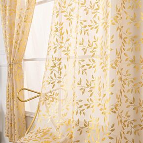 Deeprove Sheer Curtains 84 Inches Long 2 Panels, Gold Foil Metallic Vine Leaves Print Window Treatments Pair for Abstract Decor, Golden Modern Privacy Drapes Rod Pocket 52" W x 84" L, Navy Blue in Kuwait