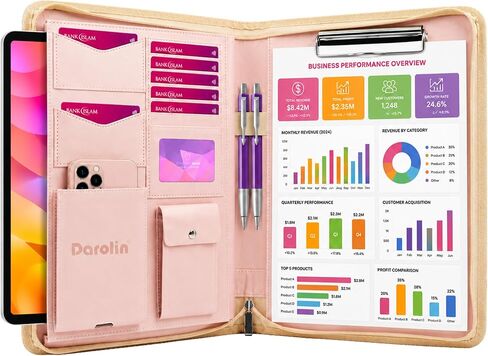 Darolin [مضغوط] حافظة منظم حافظة مع حافظة جلدية، مقابلة عمل جلدية، حامل مستندات، منظم مخطط مجلد لحقيبة المفكرة للمؤتمرات والمكتب للنساء - ذهبي وردي in Kuwait