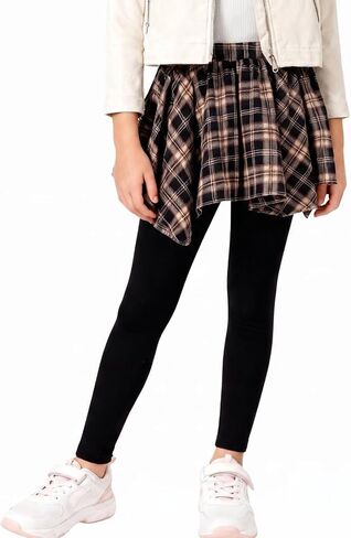 Girl's Leggings with Skirt Color-Blocked Stretch Plaid Skirted Pants in Kuwait