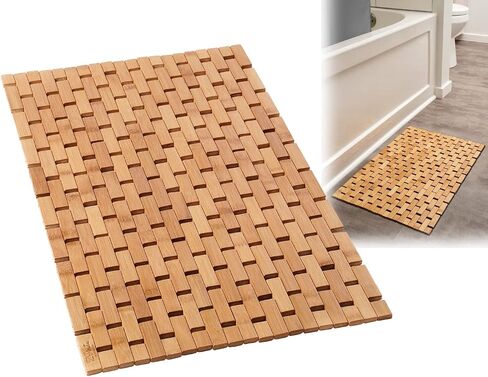 ZPirates Black Bamboo Bath Mat - Large (34 x 18 Inches L x W) Bathroom and Shower Mat, Wood Rug, Outdoor Bathmat - Water and Stain Repellent Quality in Kuwait