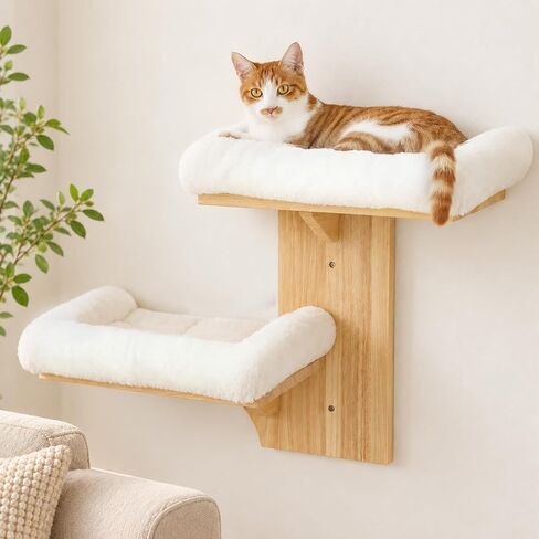 FUKUMARU Cat Wall Shelves, 2 Platform Cat Wall Furniture, Tree Shape Wall-Mounted Cat Floating Shelf with Sisal Mat, Solid Rubber Wood Cat Perch for 16 Inch Drywall, Suitable for Climb, Play, Nap in Kuwait