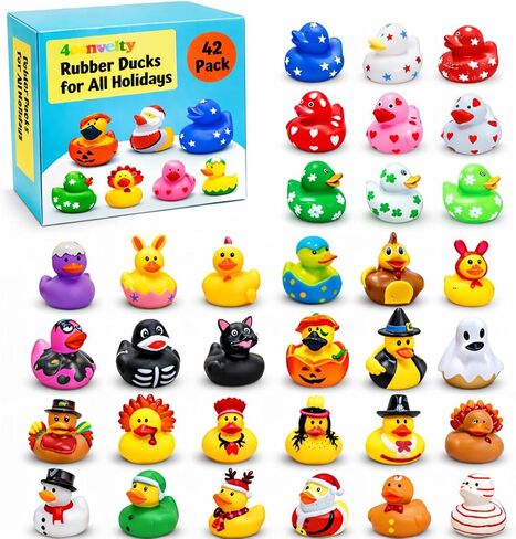 4E's Novelty Rubber Ducks for All Holidays, Bulk Pack of 42 - Includes 6 of Each Holiday, Patriotic July 4 Ducks, Halloween Ducks, Bath Toys for Kids, Gift for Jeep Owners, Jeep Ducking in Kuwait