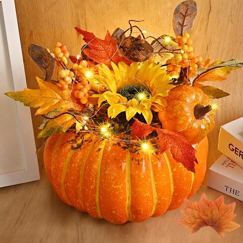 Waipfaru Fall Decor Thanksgiving Fake Pumpkin Decorations, 6Pcs Halloween Artificial Pumpkins Decor, Fall Centerpieces for Tables with Maple Leaves Berry, Faux Foam Pumpkin for Home Indoor Outdoor in Kuwait