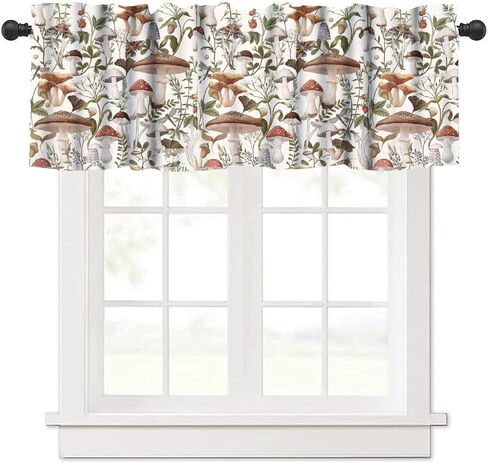 Mushroom Kitchen Curtains, Botanical Wild Herbs Leaves Valance for Kitchen Windows, Mushroom Print Small Short Curtains Window Treatments Valance for Kitchen Cafe, 54x18 Inch, 1 Panel in Kuwait