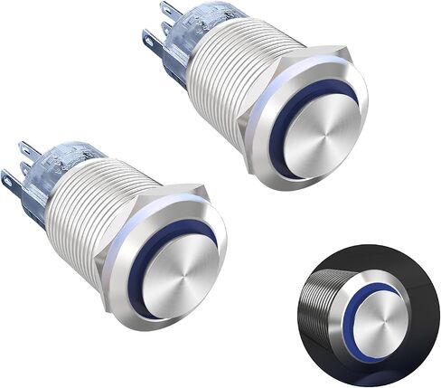 Latching Push Button Switch 36V Waterproof Stainless Steel Metal 3/4" Mounting Hole Blue LED SPST Switch for Electrical Equipment, 2 Pcs, High Round in Kuwait