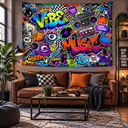 Modern Street Graffiti Tapestry, Creative Urban Street Music Hip Hop Hippie Art Tapestries Funny Colorful Tapestry Wall Haning for Teen Boys Girls, Aesthetic Tapestry for Bedroom College Dorm 80"X60" in Kuwait