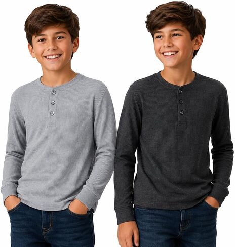 Quad Seven Boys' Shirt - 2 Pack Waffle Knit V-Neck or Henley Long Sleeve Thermal T-Shirt - Baselayer Shirt for Boys (8-18) in Kuwait