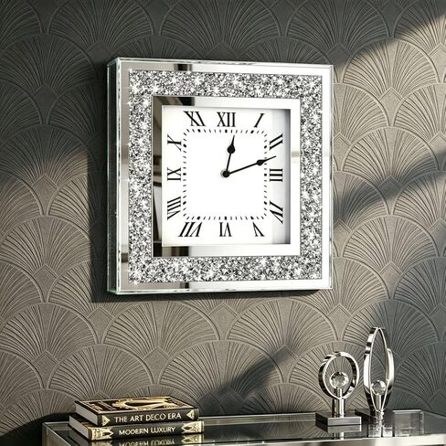 DMDFIRST Crystal Crushed Diamond Mirrored Round Wall Clock 16x16x2 inches for Wall Decoration Silver Glass Mirror Clock Sparkle Twinkle Bling Home Decor. AA Battery is not Included. in Kuwait