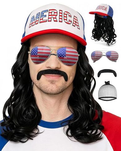 JoneTing 4 Pcs Black USA Mullet Hat Wig【+1 Wig Cap +1 Glasses +1 Mustache】 Merica Redneck 4th of July American Costume Black Hair Wig for All American Billy Bob Costume Halloween Party in Kuwait