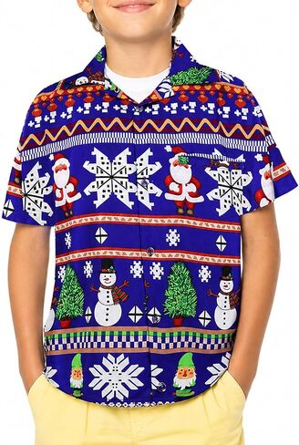 KING KAMEHA Funky Casual Hawaiian Shirt Kids Boys Girls Front-Pocket Loud Shortsleeve Unisex Christmas Reindeer Prints in Kuwait