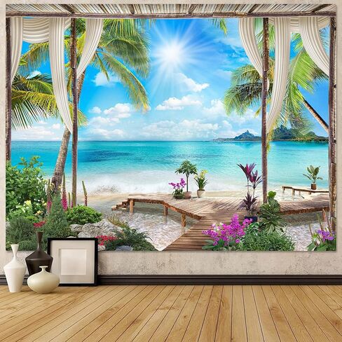 Leeisysme Beach Landscape Tapestry, Tropic Ocean Sea Island Palm Tree Seaside Tapestries for Living Room Summer Window Wall Hanging Yellow Wave 36×48 Inch in Kuwait