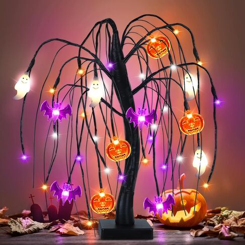 ديكور طاولة الهالوين 18 بوصة 36 LED شجرة الصفصاف الهالوين مع أضواء عنكبوت اليقطين، مؤقت/USB/بطارية تعمل بشجرة الهالوين السوداء ديكورات الهالوين المخيفة في الأماكن المغلقة لهدايا غرفة الحفلات المنزلية in Kuwait