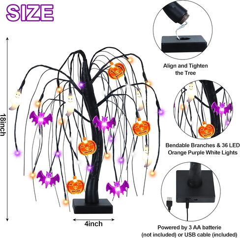 ديكور طاولة الهالوين 18 بوصة 36 LED شجرة الصفصاف الهالوين مع أضواء عنكبوت اليقطين، مؤقت/USB/بطارية تعمل بشجرة الهالوين السوداء ديكورات الهالوين المخيفة في الأماكن المغلقة لهدايا غرفة الحفلات المنزلية in Kuwait