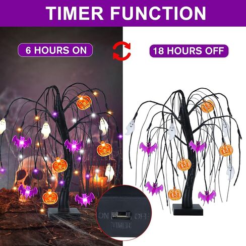 ديكور طاولة الهالوين 18 بوصة 36 LED شجرة الصفصاف الهالوين مع أضواء عنكبوت اليقطين، مؤقت/USB/بطارية تعمل بشجرة الهالوين السوداء ديكورات الهالوين المخيفة في الأماكن المغلقة لهدايا غرفة الحفلات المنزلية in Kuwait