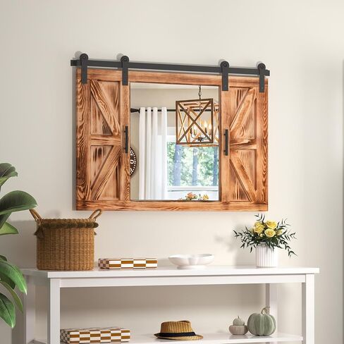 COGOOD Farmhouse Barn Door Mirror - 37" x 26" Rustic Wood Framed Mirror Wall Decor for Dining Room, Bathroom, Living Room, Bedroom Decorative, Rustic Black in Kuwait