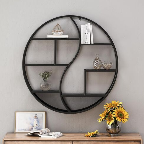 Christopher Knight Home Bobby Industrial Hanging Circular 8 shelves, Wall Shelf, Black Finish, Natural in Kuwait