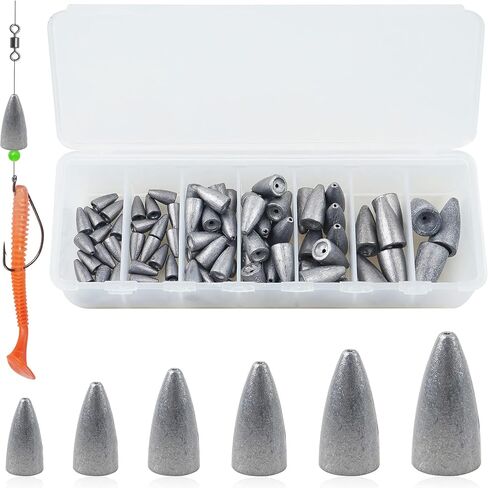 OROOTL Bullet Fishing Sinker Weights Kit, 83pcs Worm Weights Set Assorted Bullet Sinkers Fishing Weights for Bass Fishing Texas Rigs Carolina Rig Freshwater Saltwater Fishing Tackle in Kuwait