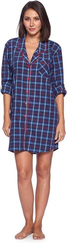 Ashford & Brooks Women's Woven Plaid Long Sleeve Button Down Sleep Shirt Nightshirt in Kuwait