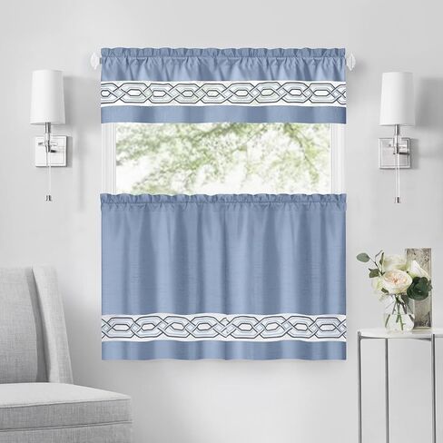 Achim Paige 5-Piece Window Curtain Set - 55 Width, 84 Length, 2 Inch Rod Pocket - Blue - Light Filtering Set Includes Valance with Attached Panels & Two Tie Backs - Machine Washable Home Decor in Kuwait
