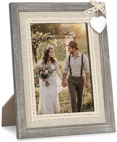 Afuly 8x10 Picture Frame Wooden Distressed Rustic Photo Frame with White Heart Burlap Lace, Solid Wood Frame for Farmhouse Wall Tabletop Home Decor Anniversary Christmas Gifts for Mom in Kuwait