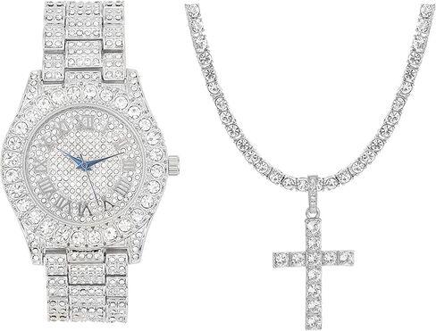 Charles Raymond Luxury Mens Iced Out Tennis Cross Necklace w/Diamond Quartz Wristwatch - Be Lit & Choose The Matching Blinged Out Cuban ZZ Bracelet Set - ST10327TCR Sets in Kuwait
