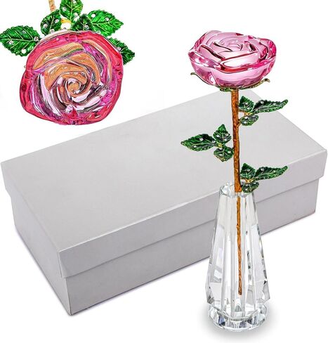 HDCRYSTALGIFTS كريستال روز زهرة زجاج وردي وزهرة حمراء وردية مع أوراق خضراء لذكرى الزفاف/الزوجة، هدايا رومانسية إلى الأبد لعيد الحب/عيد الميلاد/الزفاف (عبوة من 2) in Kuwait