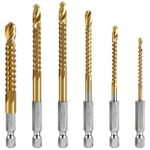 Titanium Coated HSS Twist Drill Bits - 3/4/5/6/6.5/8mm Hex Shank Grooving Side Cutting Split Tip Spiral Serrated Belt Saw Drill Bit Hole Saw Tool for Woodworking Wood Metal Plastic in Kuwait