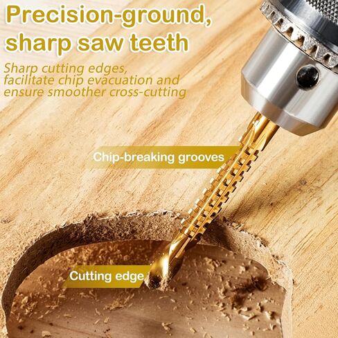 Titanium Coated HSS Twist Drill Bits - 3/4/5/6/6.5/8mm Hex Shank Grooving Side Cutting Split Tip Spiral Serrated Belt Saw Drill Bit Hole Saw Tool for Woodworking Wood Metal Plastic in Kuwait