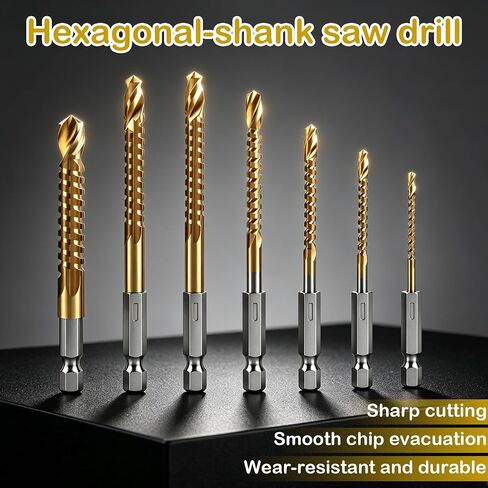 Titanium Coated HSS Twist Drill Bits - 3/4/5/6/6.5/8mm Hex Shank Grooving Side Cutting Split Tip Spiral Serrated Belt Saw Drill Bit Hole Saw Tool for Woodworking Wood Metal Plastic in Kuwait