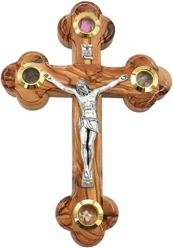 7Inch Olive Wood Wall Crucifix – Wall Hanging Cross Hand Carved in The Holy Land – 4 Glass Filled with relics in Kuwait
