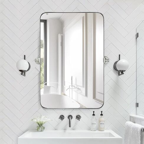 مرآة حمام دوارة مستطيلة بإطار معدني من الكروم مقاس 24 × 36 من تيبارن، مرآة زينة مستطيلة مستديرة قابلة للإمالة للتركيب على الحائط in Kuwait