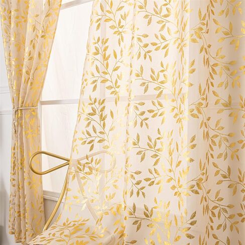 Deeprove Sheer Curtains 84 Inches Long 2 Panels, Gold Foil Metallic Vine Leaves Print Window Treatments Pair for Abstract Decor, Golden Modern Privacy Drapes Rod Pocket 52" W x 84" L, Navy Blue in Kuwait